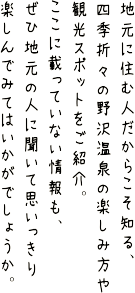 地元に住む人だからこそ知る、四季折々の野沢温泉の楽しみ方や観光スポットをご紹介。ここに載っていない情報も、ぜひ地元の人に聞いて思いっきり楽しんでみてはいかがでしょうか。